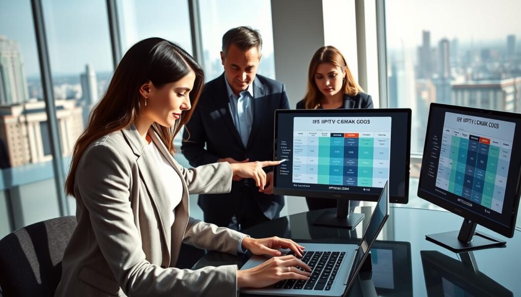 A modern office setting with a diverse group of professionals examining IPTV services on sleek laptops. In the foreground, a well-dressed woman points at a screen displaying an interactive IPTV comparison chart. In the middle ground, a man in business attire is jotting down notes, while a woman in modest casual clothing discusses features with a colleague. The background features a large window showing a city skyline, casting natural light into the room. Soft shadows enhance the focus on the group. The mood is collaborative and focused, embodying professionalism and technological savvy. Incorporate subtle branding elements of "IPTVVUK.COM" within the charts displayed on the screens, ensuring they blend seamlessly into the image. A modern office setting with a diverse group of professionals examining IPTV services on sleek laptops. In the foreground, a well-dressed woman points at a screen displaying an interactive IPTV comparison chart. In the middle ground, a man in business attire is jotting down notes, while a woman in modest casual clothing discusses features with a colleague. The background features a large window showing a city skyline, casting natural light into the room. Soft shadows enhance the focus on the group. The mood is collaborative and focused, embodying professionalism and technological savvy. Incorporate subtle branding elements of "IPTVVUK.COM" within the charts displayed on the screens, ensuring they blend seamlessly into the image.