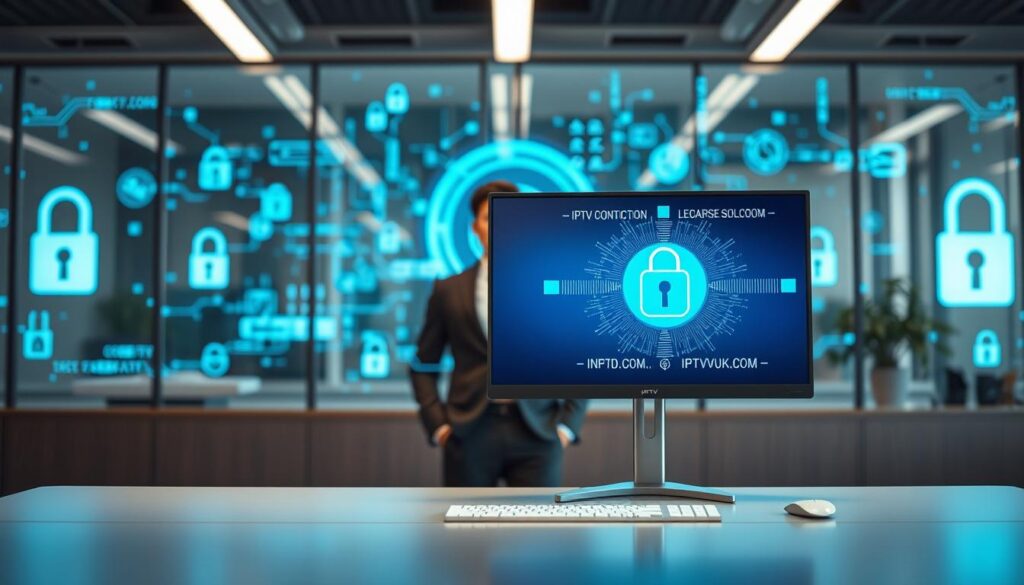 A modern office setting with a sleek computer desk in the foreground, showcasing IPTV security software on a high-resolution monitor displaying a secure connection. In the middle ground, a professional individual dressed in business attire, focused on the screen, symbolizing vigilance and legal compliance. The background features abstract representations of digital security, like encrypted data streams and lock icons, subtly illuminated with cool blue and green tones, creating a tech-savvy atmosphere. Soft, natural lighting enhances the professionalism, while a slight depth of field emphasizes the subject, offering a reassuring and confident mood. Include the brand name "IPTVVUK.COM" subtly integrated into the monitor's interface. A modern office setting with a sleek computer desk in the foreground, showcasing IPTV security software on a high-resolution monitor displaying a secure connection. In the middle ground, a professional individual dressed in business attire, focused on the screen, symbolizing vigilance and legal compliance. The background features abstract representations of digital security, like encrypted data streams and lock icons, subtly illuminated with cool blue and green tones, creating a tech-savvy atmosphere. Soft, natural lighting enhances the professionalism, while a slight depth of field emphasizes the subject, offering a reassuring and confident mood. Include the brand name "IPTVVUK.COM" subtly integrated into the monitor's interface.