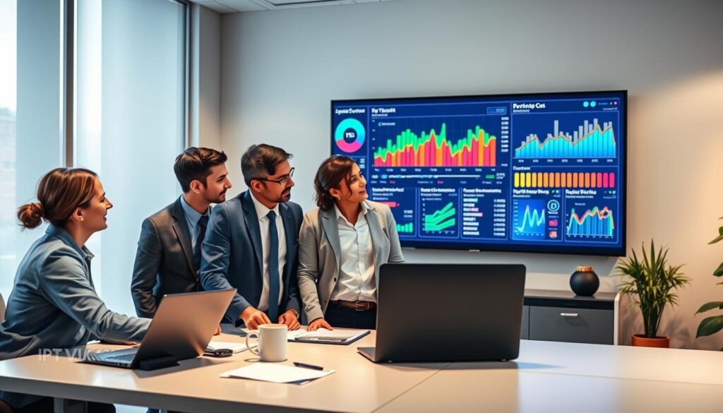A modern office workspace focused on IPTV service quality monitoring. In the foreground, a diverse team of three professionals—two men and one woman—are engaged in a discussion while analyzing graphs and performance metrics displayed on a large screen. They are dressed in smart business attire, emphasizing professionalism. The middle ground features a sleek desk with laptops, notepads, and a coffee mug, creating an atmosphere of productivity. In the background, a wall-mounted screen shows colorful graphs and KPIs related to IPTV service performance. Soft, ambient lighting highlights the focus on teamwork and data analysis, creating a collaborative mood. The overall scene conveys the importance of community insights, with the branding "IPTVVUK.COM" subtly incorporated into the visuals. A modern office workspace focused on IPTV service quality monitoring. In the foreground, a diverse team of three professionals—two men and one woman—are engaged in a discussion while analyzing graphs and performance metrics displayed on a large screen. They are dressed in smart business attire, emphasizing professionalism. The middle ground features a sleek desk with laptops, notepads, and a coffee mug, creating an atmosphere of productivity. In the background, a wall-mounted screen shows colorful graphs and KPIs related to IPTV service performance. Soft, ambient lighting highlights the focus on teamwork and data analysis, creating a collaborative mood. The overall scene conveys the importance of community insights, with the branding "IPTVVUK.COM" subtly incorporated into the visuals.