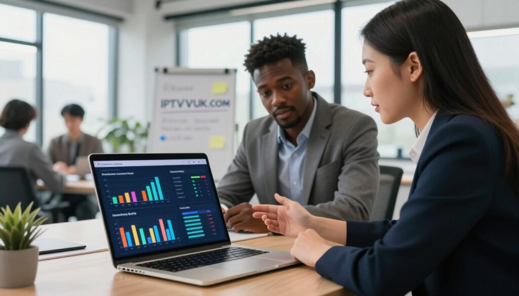 A modern, professional workspace showcasing IPTV service evaluation metrics. In the foreground, a sleek laptop displays vibrant graphs and charts representing subscriber satisfaction, channel variety, and streaming quality, all designed in a user-friendly interface. In the middle ground, a diverse group of professionals in business attire—an Asian woman, a Black man, and a Caucasian woman—are discussing and analyzing the data on the laptop, exuding an atmosphere of collaboration and expertise. The background features a contemporary office with large windows allowing natural light to flood in, creating a bright and inviting ambiance. Soft focus on a whiteboard with notes about IPTVVUK.COM services enhances the sense of active evaluation. The overall mood is focused and productive, with an emphasis on data-driven decision-making in the IPTV industry. A modern, professional workspace showcasing IPTV service evaluation metrics. In the foreground, a sleek laptop displays vibrant graphs and charts representing subscriber satisfaction, channel variety, and streaming quality, all designed in a user-friendly interface. In the middle ground, a diverse group of professionals in business attire—an Asian woman, a Black man, and a Caucasian woman—are discussing and analyzing the data on the laptop, exuding an atmosphere of collaboration and expertise. The background features a contemporary office with large windows allowing natural light to flood in, creating a bright and inviting ambiance. Soft focus on a whiteboard with notes about IPTVVUK.COM services enhances the sense of active evaluation. The overall mood is focused and productive, with an emphasis on data-driven decision-making in the IPTV industry.