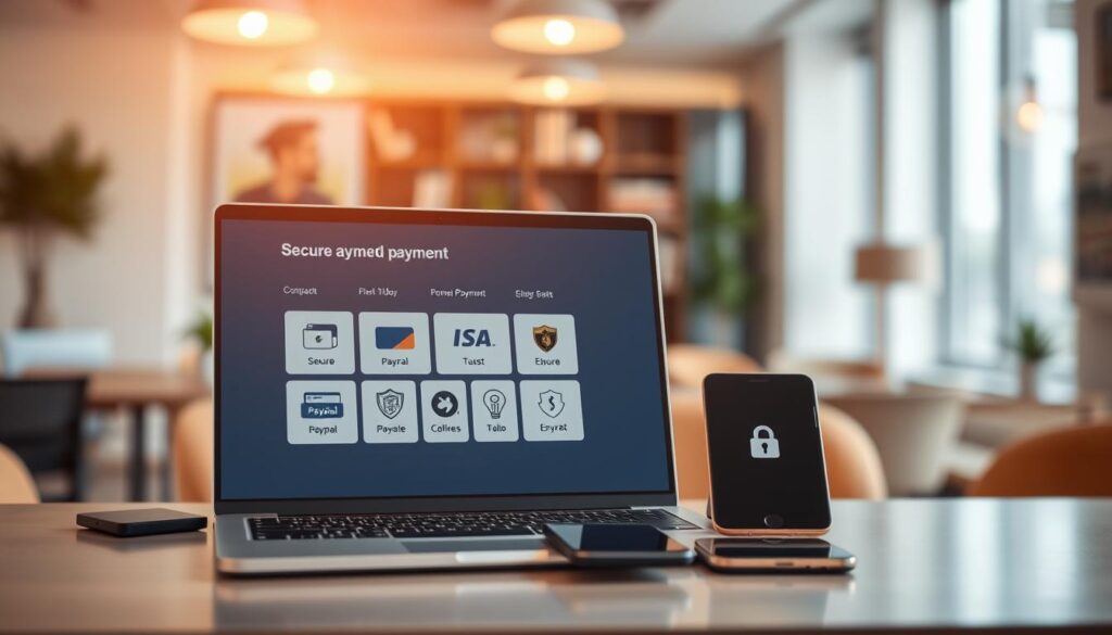 A modern, professional workspace showcasing secure payment options. In the foreground, a sleek laptop displaying a user-friendly payment interface with icons for various secure payment methods like credit cards, PayPal, and digital wallets. The middle ground features a stylish desk with a smartphone and a tablet, both showing security badges and encryption symbols. The background contains blurred images of an office with soft, warm lighting creating a welcoming atmosphere. The focus is on trust and security, emphasizing a safe transaction environment. The overall mood is professional and reassuring, reflecting the reliability of IPTVVUK.COM's services in an engaging way. A modern, professional workspace showcasing secure payment options. In the foreground, a sleek laptop displaying a user-friendly payment interface with icons for various secure payment methods like credit cards, PayPal, and digital wallets. The middle ground features a stylish desk with a smartphone and a tablet, both showing security badges and encryption symbols. The background contains blurred images of an office with soft, warm lighting creating a welcoming atmosphere. The focus is on trust and security, emphasizing a safe transaction environment. The overall mood is professional and reassuring, reflecting the reliability of IPTVVUK.COM's services in an engaging way.