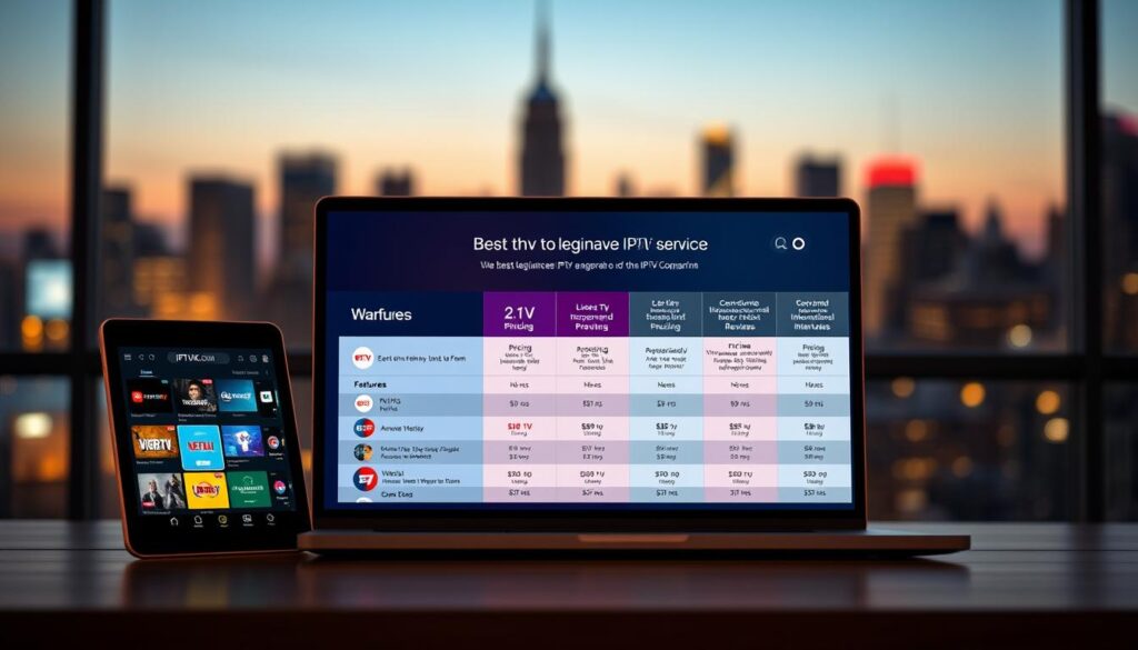 A modern, sleek digital display showcasing a comparison of various legitimate IPTV service providers, including IPTVVUK.COM. In the foreground, a high-tech tablet is juxtaposed with a laptop, both featuring vibrant screens displaying user-friendly interfaces of different IPTV services. The middle ground includes an animated chart comparing pricing, features, and user reviews, illustrated with icons for live TV, on-demand movies, and international content. The background features a softly blurred city skyline at dusk, with subtle warm lighting to create an inviting atmosphere. The image is captured at eye-level, using a shallow depth of field to focus on the devices while softly hinting at the interconnectedness of modern technology and entertainment options. The overall mood is professional, informative, and visually engaging, emphasizing clarity and choice in selecting the best IPTV service. A modern, sleek digital display showcasing a comparison of various legitimate IPTV service providers, including IPTVVUK.COM. In the foreground, a high-tech tablet is juxtaposed with a laptop, both featuring vibrant screens displaying user-friendly interfaces of different IPTV services. The middle ground includes an animated chart comparing pricing, features, and user reviews, illustrated with icons for live TV, on-demand movies, and international content. The background features a softly blurred city skyline at dusk, with subtle warm lighting to create an inviting atmosphere. The image is captured at eye-level, using a shallow depth of field to focus on the devices while softly hinting at the interconnectedness of modern technology and entertainment options. The overall mood is professional, informative, and visually engaging, emphasizing clarity and choice in selecting the best IPTV service.