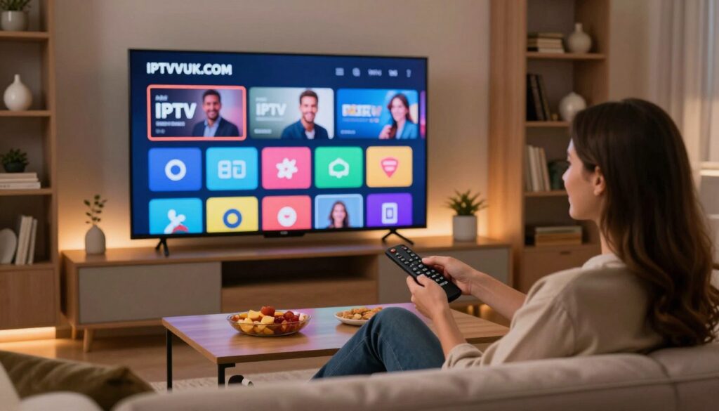 A modern, sleek living room featuring a large Smart TV displaying the interface of IPTVVUK.COM with vibrant, colorful channel options. In the foreground, a well-dressed professional couple, comfortably seated on a stylish sofa, interacts with the TV remote, demonstrating engagement with the IPTV experience. The middle ground includes a warm coffee table with snacks, enhancing a cozy viewing atmosphere. Soft, ambient lighting creates a relaxed mood, illuminated by a gentle glow from the TV screen reflecting their happy faces. The background showcases a bookshelf filled with decorative items, subtly indicating a contemporary home environment. The image captures the benefits of IPTV on a Smart TV, combining technology and comfort seamlessly. A modern, sleek living room featuring a large Smart TV displaying the interface of IPTVVUK.COM with vibrant, colorful channel options. In the foreground, a well-dressed professional couple, comfortably seated on a stylish sofa, interacts with the TV remote, demonstrating engagement with the IPTV experience. The middle ground includes a warm coffee table with snacks, enhancing a cozy viewing atmosphere. Soft, ambient lighting creates a relaxed mood, illuminated by a gentle glow from the TV screen reflecting their happy faces. The background showcases a bookshelf filled with decorative items, subtly indicating a contemporary home environment. The image captures the benefits of IPTV on a Smart TV, combining technology and comfort seamlessly.