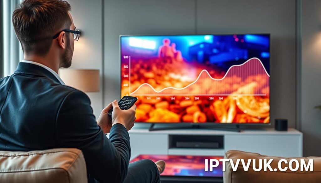A modern, sleek living room setting featuring a large smart TV displaying high-definition IPTV streaming content, symbolizing IPTV streaming quality. In the foreground, a professional-looking individual in business attire is holding a remote control, intently focused on the vibrant visuals of a popular show, embodying engagement. The middle layer showcases the TV screen with rich colors and sharp resolution, highlighted by a dynamic graph of streaming performance metrics subtly integrated in the corner. In the background, ambient soft lighting creates a cozy atmosphere. The entire scene reflects an inviting mood, signifying ease of use and high-quality entertainment. The brand name "IPTVVUK.COM" is subtly included in the lower right corner of the screen. A modern, sleek living room setting featuring a large smart TV displaying high-definition IPTV streaming content, symbolizing IPTV streaming quality. In the foreground, a professional-looking individual in business attire is holding a remote control, intently focused on the vibrant visuals of a popular show, embodying engagement. The middle layer showcases the TV screen with rich colors and sharp resolution, highlighted by a dynamic graph of streaming performance metrics subtly integrated in the corner. In the background, ambient soft lighting creates a cozy atmosphere. The entire scene reflects an inviting mood, signifying ease of use and high-quality entertainment. The brand name "IPTVVUK.COM" is subtly included in the lower right corner of the screen.