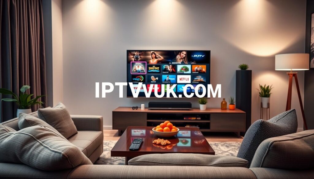 A modern, sleek television setup in a stylish living room, showcasing the IPTV King service interface on the screen. In the foreground, a cozy sofa with a contemporary design, featuring plush cushions. The middle ground includes a polished coffee table displaying a remote control and snacks, creating a warm and inviting atmosphere. The background features a stylish entertainment unit with colorful decor and potted plants. Soft, ambient lighting emanates from a nearby lamp, casting a warm glow across the room. The overall mood is relaxed and inviting, perfect for family movie nights. Include the brand name "IPTVVUK.COM" tastefully integrated on the screen, highlighting the IPTV King service. A modern, sleek television setup in a stylish living room, showcasing the IPTV King service interface on the screen. In the foreground, a cozy sofa with a contemporary design, featuring plush cushions. The middle ground includes a polished coffee table displaying a remote control and snacks, creating a warm and inviting atmosphere. The background features a stylish entertainment unit with colorful decor and potted plants. Soft, ambient lighting emanates from a nearby lamp, casting a warm glow across the room. The overall mood is relaxed and inviting, perfect for family movie nights. Include the brand name "IPTVVUK.COM" tastefully integrated on the screen, highlighting the IPTV King service.