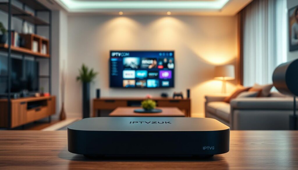 A modern streaming device prominently displayed in the foreground, showcasing a sleek, minimalist design with smooth curves and glossy finishes. The device should be labeled "IPTVVUK.COM" in an elegant font. In the middle ground, a stylish living room setting complete with a large flat-screen TV mounted on the wall, featuring streaming options on the screen. Soft ambient lighting highlights the warm colors of the room, creating an inviting atmosphere. In the background, subtle hints of digital technology, like gaming consoles and smart home devices, suggest compatibility and modern living. The overall mood is focused on convenience and connectivity in home entertainment, inviting viewers to explore streaming options. The image should have a slight depth of field effect, blurring the edges to emphasize the streaming device as the main subject. A modern streaming device prominently displayed in the foreground, showcasing a sleek, minimalist design with smooth curves and glossy finishes. The device should be labeled "IPTVVUK.COM" in an elegant font. In the middle ground, a stylish living room setting complete with a large flat-screen TV mounted on the wall, featuring streaming options on the screen. Soft ambient lighting highlights the warm colors of the room, creating an inviting atmosphere. In the background, subtle hints of digital technology, like gaming consoles and smart home devices, suggest compatibility and modern living. The overall mood is focused on convenience and connectivity in home entertainment, inviting viewers to explore streaming options. The image should have a slight depth of field effect, blurring the edges to emphasize the streaming device as the main subject.