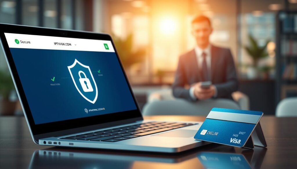 A modern, visually appealing illustration of secure payment options for digital services, featuring a sleek laptop with a credit card beside it, symbolizing online transactions. In the foreground, the laptop screen displays a secure payment interface, highlighted with green checkmarks and padlock icons to convey safety. The middle layer shows a professional individual dressed in business attire, confidently using the laptop, emphasizing trust and security in online payments. The background features a softly blurred financial technology office environment, with warm, inviting lighting to create an atmosphere of reliability and professionalism. The overall mood should inspire confidence, showcasing the brand "IPTVVUK.COM" subtly within the secure payment interface design, ensuring no textual distractions are present. A modern, visually appealing illustration of secure payment options for digital services, featuring a sleek laptop with a credit card beside it, symbolizing online transactions. In the foreground, the laptop screen displays a secure payment interface, highlighted with green checkmarks and padlock icons to convey safety. The middle layer shows a professional individual dressed in business attire, confidently using the laptop, emphasizing trust and security in online payments. The background features a softly blurred financial technology office environment, with warm, inviting lighting to create an atmosphere of reliability and professionalism. The overall mood should inspire confidence, showcasing the brand "IPTVVUK.COM" subtly within the secure payment interface design, ensuring no textual distractions are present.