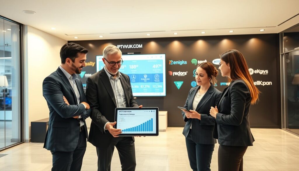 A modern, well-lit office environment with a focus on IPTV technology. In the foreground, a diverse group of three professionals—two men and one woman—are engaged in a discussion, dressed in smart business attire, reviewing performance charts on a digital tablet. The middle ground features a large monitor displaying IPTV service data analytics, highlighting reliability and customer support metrics. In the background, a sleek wall with logos of reputable IPTV brands, including "IPTVVUK.COM", enhances the tech-savvy atmosphere. The lighting is bright yet warm, creating an optimistic, professional mood. A wide-angle perspective captures the entire scene, emphasizing collaboration and innovation in the IPTV service sector. The overall ambiance conveys trustworthiness and reliability. A modern, well-lit office environment with a focus on IPTV technology. In the foreground, a diverse group of three professionals—two men and one woman—are engaged in a discussion, dressed in smart business attire, reviewing performance charts on a digital tablet. The middle ground features a large monitor displaying IPTV service data analytics, highlighting reliability and customer support metrics. In the background, a sleek wall with logos of reputable IPTV brands, including "IPTVVUK.COM", enhances the tech-savvy atmosphere. The lighting is bright yet warm, creating an optimistic, professional mood. A wide-angle perspective captures the entire scene, emphasizing collaboration and innovation in the IPTV service sector. The overall ambiance conveys trustworthiness and reliability.