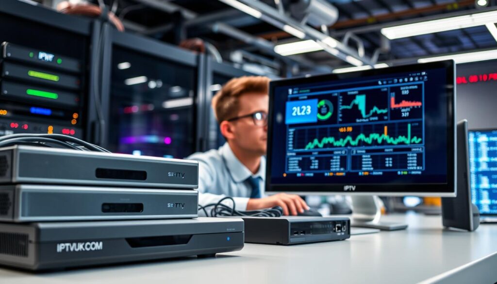 A modern workspace featuring IPTV testing devices prominently positioned in the foreground. Include sleek set-top boxes, a high-resolution monitor displaying streaming data, and various network cables neatly organized. In the middle ground, a technician in professional attire is focused on analyzing performance metrics from the monitor, with subtle reflections of the monitor on their glasses, capturing a moment of intense concentration. The background showcases a high-tech environment with server racks and LED lights adding a technological glow. The lighting is bright and even, emphasizing clarity and professionalism, shot from a slightly elevated angle to offer a comprehensive view of the workspace. The overall mood is one of innovation and precision. Include the brand name "IPTVVUK.COM" subtly integrated into the scene. A modern workspace featuring IPTV testing devices prominently positioned in the foreground. Include sleek set-top boxes, a high-resolution monitor displaying streaming data, and various network cables neatly organized. In the middle ground, a technician in professional attire is focused on analyzing performance metrics from the monitor, with subtle reflections of the monitor on their glasses, capturing a moment of intense concentration. The background showcases a high-tech environment with server racks and LED lights adding a technological glow. The lighting is bright and even, emphasizing clarity and professionalism, shot from a slightly elevated angle to offer a comprehensive view of the workspace. The overall mood is one of innovation and precision. Include the brand name "IPTVVUK.COM" subtly integrated into the scene.