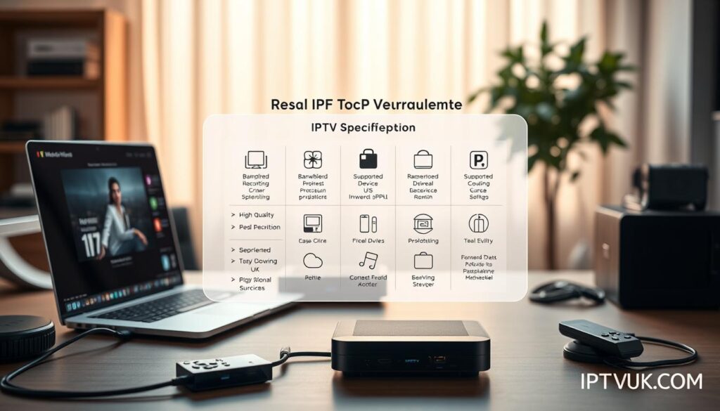 A modern workspace scene showcasing IPTV technical requirements for a USA IPTV subscription. In the foreground, a sleek desk with a laptop displaying an IPTV interface, surrounded by high-quality streaming devices and cables. In the middle, a detailed digital chart or infographics illustrating key technical specifications like bandwidth, resolution, and supported devices, with icons that communicate diversity in offerings. The background features soft lighting, hinting at a comfortable, professional office atmosphere. Warm tones create a welcoming ambiance, while a subtle focus towards the chart draws attention. Include a small logo of "IPTVVUK.COM" subtly integrated into the image, maintaining professionalism. Overall, the mood is informative and tech-savvy, ideal for guiding readers in selecting the right IPTV subscription. A modern workspace scene showcasing IPTV technical requirements for a USA IPTV subscription. In the foreground, a sleek desk with a laptop displaying an IPTV interface, surrounded by high-quality streaming devices and cables. In the middle, a detailed digital chart or infographics illustrating key technical specifications like bandwidth, resolution, and supported devices, with icons that communicate diversity in offerings. The background features soft lighting, hinting at a comfortable, professional office atmosphere. Warm tones create a welcoming ambiance, while a subtle focus towards the chart draws attention. Include a small logo of "IPTVVUK.COM" subtly integrated into the image, maintaining professionalism. Overall, the mood is informative and tech-savvy, ideal for guiding readers in selecting the right IPTV subscription.