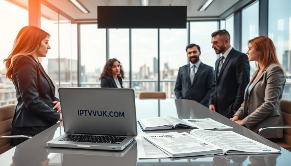 A professional and informative depiction of "IPTV Legal Considerations." In the foreground, a diverse group of three professionals, a woman and two men, dressed in smart business attire, are engaged in a discussion around a sleek conference table with a laptop displaying IPTVVUK.COM on the screen. In the middle, legal documents and books about copyright laws and IPTV regulations are scattered across the table. The background features a modern office environment with large windows showing a city skyline, allowing natural light to pour into the space. The mood is focused and serious, conveying the importance of understanding legal aspects in IPTV services. Use soft, even lighting to create a professional atmosphere, with a slightly angled perspective to emphasize collaboration and concentration on the legal materials. A professional and informative depiction of "IPTV Legal Considerations." In the foreground, a diverse group of three professionals, a woman and two men, dressed in smart business attire, are engaged in a discussion around a sleek conference table with a laptop displaying IPTVVUK.COM on the screen. In the middle, legal documents and books about copyright laws and IPTV regulations are scattered across the table. The background features a modern office environment with large windows showing a city skyline, allowing natural light to pour into the space. The mood is focused and serious, conveying the importance of understanding legal aspects in IPTV services. Use soft, even lighting to create a professional atmosphere, with a slightly angled perspective to emphasize collaboration and concentration on the legal materials.
