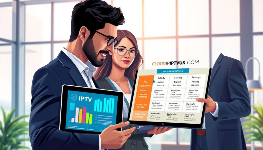 A professional and visually engaging illustration of "Cloud IPTV Pricing Models". In the foreground, depict a diverse group of three business professionals analyzing a digital tablet displaying vibrant graphs and pricing tiers for IPTV services. In the middle ground, include a stylized infographic showing various subscription options and pricing models, prominently featuring the brand name "IPTVVUK.COM". In the background, illustrate a modern office space with large windows and soft, natural lighting, giving a sense of technology and innovation. Use a wide-angle lens effect to bring depth and perspective, enhancing an atmosphere of collaboration and insight. The overall mood should be informative yet dynamic, suitable for a corporate audience discussing streaming service options. A professional and visually engaging illustration of "Cloud IPTV Pricing Models". In the foreground, depict a diverse group of three business professionals analyzing a digital tablet displaying vibrant graphs and pricing tiers for IPTV services. In the middle ground, include a stylized infographic showing various subscription options and pricing models, prominently featuring the brand name "IPTVVUK.COM". In the background, illustrate a modern office space with large windows and soft, natural lighting, giving a sense of technology and innovation. Use a wide-angle lens effect to bring depth and perspective, enhancing an atmosphere of collaboration and insight. The overall mood should be informative yet dynamic, suitable for a corporate audience discussing streaming service options.