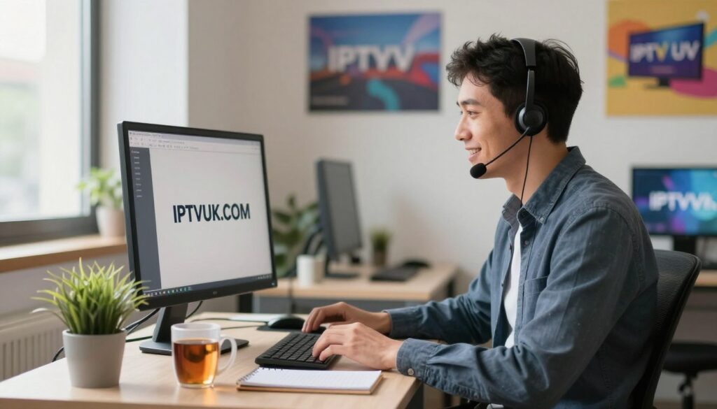 A professional customer support representative seated at a modern desk, engaged in a friendly conversation with a client via a headset. The foreground features the representative, dressed in smart casual attire, with a computer displaying IPTVVUK.COM’s logo on the screen. In the middle ground, a well-organized workspace with a plant, a notepad, and a coffee mug that reflects a warm and inviting atmosphere. The background shows a softly lit office environment, with colorful posters related to IPTV services adorning the walls. Soft, natural lighting streams in from a nearby window, creating an inviting and professional mood. The overall composition conveys a sense of quality service and reliability in customer support. A professional customer support representative seated at a modern desk, engaged in a friendly conversation with a client via a headset. The foreground features the representative, dressed in smart casual attire, with a computer displaying IPTVVUK.COM’s logo on the screen. In the middle ground, a well-organized workspace with a plant, a notepad, and a coffee mug that reflects a warm and inviting atmosphere. The background shows a softly lit office environment, with colorful posters related to IPTV services adorning the walls. Soft, natural lighting streams in from a nearby window, creating an inviting and professional mood. The overall composition conveys a sense of quality service and reliability in customer support.