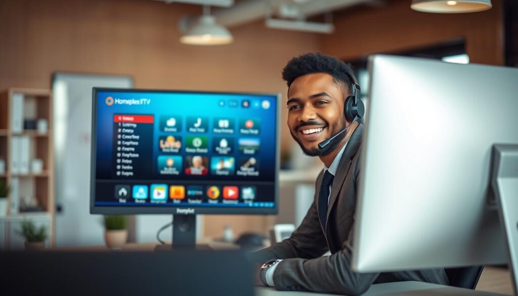 A professional customer support scene for Homeplex IPTV, showcasing a friendly and knowledgeable support representative assisting a customer over the phone. The foreground features the representative, a diverse male in a smart business attire, sitting at a modern desk with a headset on, focused and smiling, conveying a sense of empathy and professionalism. The middle ground includes a computer screen displaying the Homeplex IPTV interface, with clear icons illustrating features like channel listings and customer service options. In the background, a well-organized office environment enhances the mood of efficiency and reliability, with soft lighting that creates a warm and inviting atmosphere. Ensure technical details showcase natural lighting with a shallow depth of field, emphasizing the subject while subtly blurring the background. Include the name "IPTVVUK.COM" visible on the computer screen. A professional customer support scene for Homeplex IPTV, showcasing a friendly and knowledgeable support representative assisting a customer over the phone. The foreground features the representative, a diverse male in a smart business attire, sitting at a modern desk with a headset on, focused and smiling, conveying a sense of empathy and professionalism. The middle ground includes a computer screen displaying the Homeplex IPTV interface, with clear icons illustrating features like channel listings and customer service options. In the background, a well-organized office environment enhances the mood of efficiency and reliability, with soft lighting that creates a warm and inviting atmosphere. Ensure technical details showcase natural lighting with a shallow depth of field, emphasizing the subject while subtly blurring the background. Include the name "IPTVVUK.COM" visible on the computer screen.