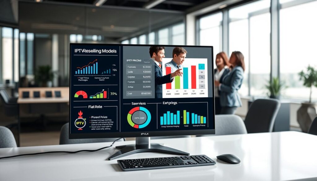 A professional office setting showcasing a detailed infographic on IPTV Reseller Pricing Models. In the foreground, a sleek desktop with a computer displaying charts and graphs illustrating various pricing models such as tiered pricing, bundled packages, and flat-rate fees. The middle layer features a diverse group of three professionals in business attire, engaged in discussion, pointing at the screen. The background is a modern office environment with large windows letting in soft, natural light, casting subtle reflections. The overall mood is collaborative and focused, with an emphasis on technology and business growth. Include the brand name "IPTVVUK.COM" subtly integrated into the design elements within the infographic. A professional office setting showcasing a detailed infographic on IPTV Reseller Pricing Models. In the foreground, a sleek desktop with a computer displaying charts and graphs illustrating various pricing models such as tiered pricing, bundled packages, and flat-rate fees. The middle layer features a diverse group of three professionals in business attire, engaged in discussion, pointing at the screen. The background is a modern office environment with large windows letting in soft, natural light, casting subtle reflections. The overall mood is collaborative and focused, with an emphasis on technology and business growth. Include the brand name "IPTVVUK.COM" subtly integrated into the design elements within the infographic.
