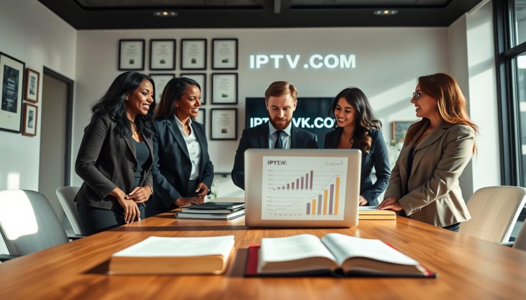 A professional office setting showcasing legal services for IPTV, reflecting a modern, sleek aesthetic. In the foreground, a diverse group of three professionals in business attire, including a Black woman, a Caucasian man, and a Hispanic woman, are engaged in an animated discussion around a laptop displaying graphs and legal documents regarding IPTV regulations. The middle ground features a stylish wooden conference table with legal books and a laptop. In the background, a wall adorned with framed certificates and a digital screen showing IPTVVUK.COM prominently. The lighting is bright and airy, with natural sunlight streaming in through large windows, creating a productive and optimistic atmosphere. The angle is slightly elevated, capturing the dynamic interaction and the importance of legal considerations in IPTV services. A professional office setting showcasing legal services for IPTV, reflecting a modern, sleek aesthetic. In the foreground, a diverse group of three professionals in business attire, including a Black woman, a Caucasian man, and a Hispanic woman, are engaged in an animated discussion around a laptop displaying graphs and legal documents regarding IPTV regulations. The middle ground features a stylish wooden conference table with legal books and a laptop. In the background, a wall adorned with framed certificates and a digital screen showing IPTVVUK.COM prominently. The lighting is bright and airy, with natural sunlight streaming in through large windows, creating a productive and optimistic atmosphere. The angle is slightly elevated, capturing the dynamic interaction and the importance of legal considerations in IPTV services.