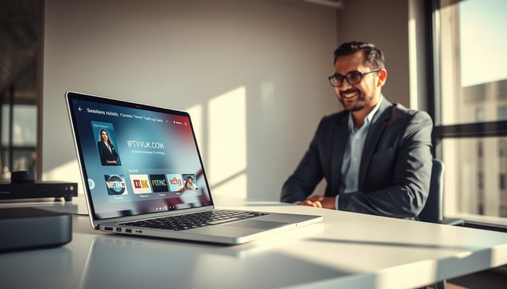 A professional office space featuring a sleek, modern desk with a high-end laptop displaying an IPTV streaming interface, emphasizing seamless reliability. In the foreground, a person in business attire is intently focused on the laptop screen, showcasing a satisfied expression. The middle ground includes subtle hints of advanced technology, like a digital receiver and a tablet displaying streaming options. The background consists of large windows with natural light illuminating the space, casting soft shadows that add depth. The atmosphere is one of productivity and trust, reflecting a reliable streaming service. Subtle branding for IPTVVUK.COM is integrated into the streaming interface on the laptop. The angle is slightly elevated, capturing both the individual and the technology harmoniously. A professional office space featuring a sleek, modern desk with a high-end laptop displaying an IPTV streaming interface, emphasizing seamless reliability. In the foreground, a person in business attire is intently focused on the laptop screen, showcasing a satisfied expression. The middle ground includes subtle hints of advanced technology, like a digital receiver and a tablet displaying streaming options. The background consists of large windows with natural light illuminating the space, casting soft shadows that add depth. The atmosphere is one of productivity and trust, reflecting a reliable streaming service. Subtle branding for IPTVVUK.COM is integrated into the streaming interface on the laptop. The angle is slightly elevated, capturing both the individual and the technology harmoniously.