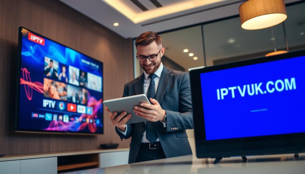 A professional setting showcasing the concept of "IPTV service quality." In the foreground, a sleek, modern television screen displays vibrant streaming graphics, symbolizing high-resolution IPTV content. To the right, a digital device with the logo "IPTVVUK.COM" is positioned prominently, indicating a reliable service. In the middle ground, a well-dressed businessperson, wearing a tailored suit, is engaged with a tablet, analyzing IPTV data metrics with a look of concentration. The background features a stylish office environment with a contemporary design, including soft lighting that creates a warm and inviting atmosphere. The overall mood should convey professionalism and trustworthiness, emphasizing the quality and reliability of legitimate IPTV services. The angle is slightly elevated, capturing the interaction between technology and a satisfied user. A professional setting showcasing the concept of "IPTV service quality." In the foreground, a sleek, modern television screen displays vibrant streaming graphics, symbolizing high-resolution IPTV content. To the right, a digital device with the logo "IPTVVUK.COM" is positioned prominently, indicating a reliable service. In the middle ground, a well-dressed businessperson, wearing a tailored suit, is engaged with a tablet, analyzing IPTV data metrics with a look of concentration. The background features a stylish office environment with a contemporary design, including soft lighting that creates a warm and inviting atmosphere. The overall mood should convey professionalism and trustworthiness, emphasizing the quality and reliability of legitimate IPTV services. The angle is slightly elevated, capturing the interaction between technology and a satisfied user.