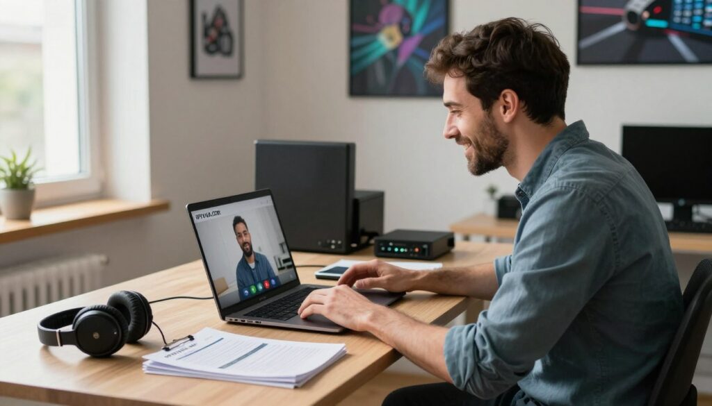 A professional support technician at a sleek, modern desk, focused on resolving a customer's streaming issue on a laptop, displaying the brand name "IPTVVUK.COM" on the screen. In the foreground, the technician, dressed in casual business attire, is engaged in a friendly video call with a client, showing attentiveness and expertise. The middle ground contains practical tools of the trade: headphones, support manuals, and network equipment neatly organized. In the background, a wall adorned with tech-related artwork creates a dynamic and tech-savvy environment. Warm, natural light from a nearby window floods the space, creating an inviting atmosphere, while a slight depth of field adds focus to the technician. A professional support technician at a sleek, modern desk, focused on resolving a customer's streaming issue on a laptop, displaying the brand name "IPTVVUK.COM" on the screen. In the foreground, the technician, dressed in casual business attire, is engaged in a friendly video call with a client, showing attentiveness and expertise. The middle ground contains practical tools of the trade: headphones, support manuals, and network equipment neatly organized. In the background, a wall adorned with tech-related artwork creates a dynamic and tech-savvy environment. Warm, natural light from a nearby window floods the space, creating an inviting atmosphere, while a slight depth of field adds focus to the technician.