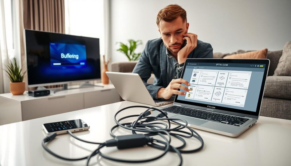 A professional technician in a casual business attire, intently troubleshooting an IPTV setup in a modern living room. The foreground features sleek electronics: a television displaying buffering icons, a smartphone with a troubleshooting app open, and various cables scattered across a stylish coffee table. In the middle, a laptop rests beside the TV, showing troubleshooting guides with clear diagrams. The background consists of a contemporary living room setting, softly lit by natural light coming through a window, creating a calm atmosphere. Subtle details like a potted plant and a cozy couch enhance the inviting feel. The technician appears focused and engaged, embodying expertise in resolving IPTV issues, with the brand name “IPTVVUK.COM” subtly integrated into the laptop’s screen design. A professional technician in a casual business attire, intently troubleshooting an IPTV setup in a modern living room. The foreground features sleek electronics: a television displaying buffering icons, a smartphone with a troubleshooting app open, and various cables scattered across a stylish coffee table. In the middle, a laptop rests beside the TV, showing troubleshooting guides with clear diagrams. The background consists of a contemporary living room setting, softly lit by natural light coming through a window, creating a calm atmosphere. Subtle details like a potted plant and a cozy couch enhance the inviting feel. The technician appears focused and engaged, embodying expertise in resolving IPTV issues, with the brand name “IPTVVUK.COM” subtly integrated into the laptop’s screen design.