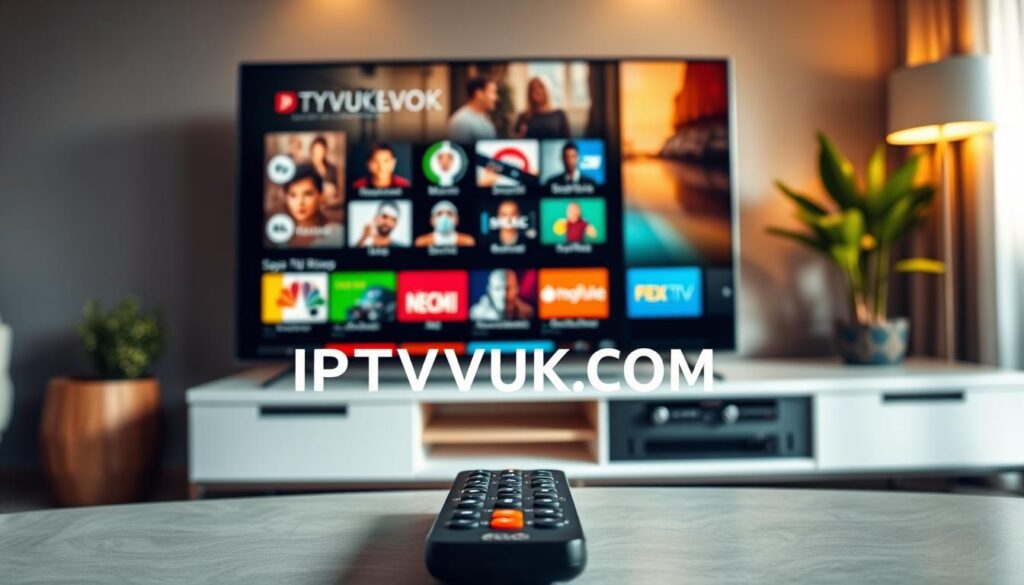 A sleek Homeplex IPTV interface displayed on a modern flat-screen TV in a cozy living room setting. The foreground features a remote control placed on a stylish coffee table, inviting interaction. In the middle ground, the TV showcases a vibrant and user-friendly interface with colorful thumbnails representing various channels and genres like movies, sports, and news. The background reveals a contemporary living space with soft lighting and plants, enhancing a relaxed atmosphere. Use warm, natural light to create an inviting mood, with a slight bokeh effect emphasizing the TV screen. The entire scene should reflect a high-tech yet comfortable experience, subtly integrating the brand name "IPTVVUK.COM" on the interface, ensuring it remains central to the visual focus without overt text overlays. A sleek Homeplex IPTV interface displayed on a modern flat-screen TV in a cozy living room setting. The foreground features a remote control placed on a stylish coffee table, inviting interaction. In the middle ground, the TV showcases a vibrant and user-friendly interface with colorful thumbnails representing various channels and genres like movies, sports, and news. The background reveals a contemporary living space with soft lighting and plants, enhancing a relaxed atmosphere. Use warm, natural light to create an inviting mood, with a slight bokeh effect emphasizing the TV screen. The entire scene should reflect a high-tech yet comfortable experience, subtly integrating the brand name "IPTVVUK.COM" on the interface, ensuring it remains central to the visual focus without overt text overlays.