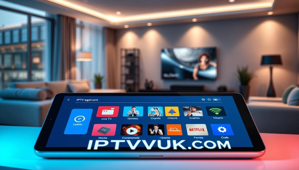 A sleek and modern IPTV service interface displayed on a high-resolution tablet screen. The foreground features a close-up of the tablet, with vibrant application icons representing live TV channels, on-demand movies, and user-friendly navigation menus. The middle ground includes a stylish living room setting, with contemporary furniture and soft ambient lighting, creating a cozy atmosphere. In the background, a spacious home entertainment area showcases a large flat-screen TV that seamlessly blends with the decor. Soft shadows enhance the depth, while a cool color palette of blues and whites reflects a tech-savvy environment. The brand name "IPTVVUK.COM" is cleverly integrated into the interface design. The scene conveys a sense of convenience and modernity, ideal for legal streaming services. A sleek and modern IPTV service interface displayed on a high-resolution tablet screen. The foreground features a close-up of the tablet, with vibrant application icons representing live TV channels, on-demand movies, and user-friendly navigation menus. The middle ground includes a stylish living room setting, with contemporary furniture and soft ambient lighting, creating a cozy atmosphere. In the background, a spacious home entertainment area showcases a large flat-screen TV that seamlessly blends with the decor. Soft shadows enhance the depth, while a cool color palette of blues and whites reflects a tech-savvy environment. The brand name "IPTVVUK.COM" is cleverly integrated into the interface design. The scene conveys a sense of convenience and modernity, ideal for legal streaming services.
