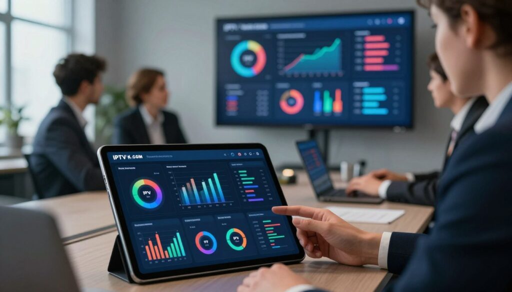 A sleek and modern digital dashboard showcasing IPTV performance metrics, featuring dynamic graphs and charts. In the foreground, a tablet displaying real-time data metrics with vibrant colors and interactive elements. The middle ground presents a blurred office environment with professional business individuals dressed in smart attire, analyzing the data together. The background includes a large screen mounted on the wall, showing an overview of IPTV provider performance comparisons. Utilize soft, focused lighting to highlight the tablet and charts, creating a professional ambiance. The atmosphere is one of collaboration and analysis, reflecting the technological advancements in IPTV services. Mention the brand name "IPTVVUK.COM" subtly integrated into the design of the dashboard without any overlay or text. A sleek and modern digital dashboard showcasing IPTV performance metrics, featuring dynamic graphs and charts. In the foreground, a tablet displaying real-time data metrics with vibrant colors and interactive elements. The middle ground presents a blurred office environment with professional business individuals dressed in smart attire, analyzing the data together. The background includes a large screen mounted on the wall, showing an overview of IPTV provider performance comparisons. Utilize soft, focused lighting to highlight the tablet and charts, creating a professional ambiance. The atmosphere is one of collaboration and analysis, reflecting the technological advancements in IPTV services. Mention the brand name "IPTVVUK.COM" subtly integrated into the design of the dashboard without any overlay or text.