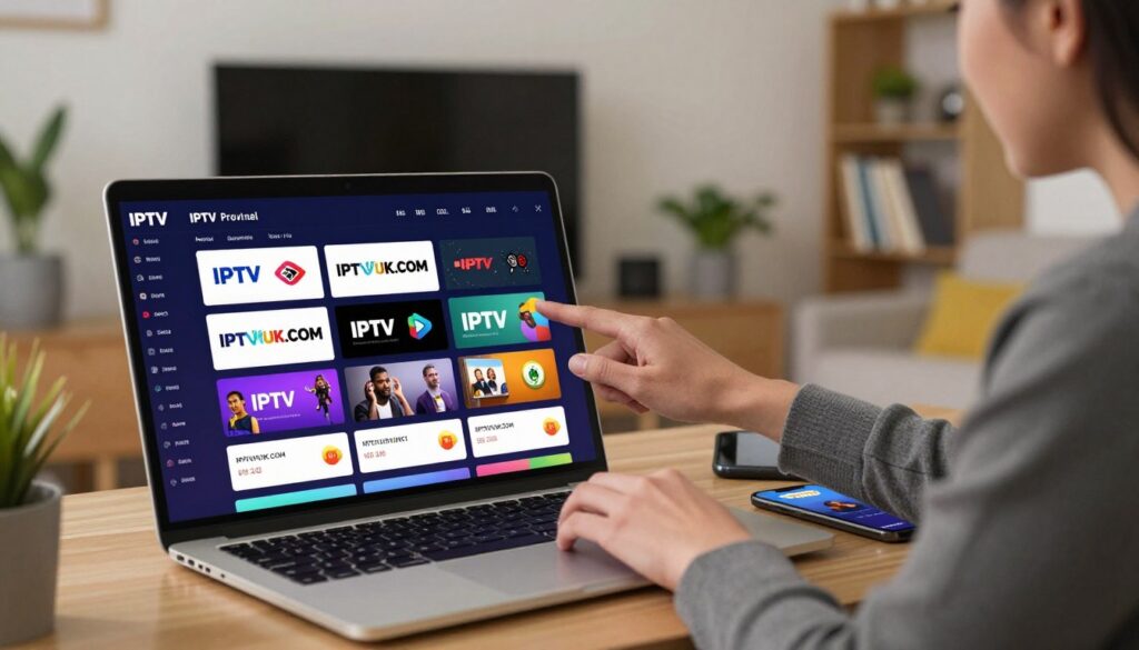 A sleek and modern digital interface displaying a detailed IPTV channel lineup comparison. In the foreground, a vibrant laptop screen shows various IPTV provider logos, colorful channel icons, and pricing options for popular services like "IPTVVUK.COM". In the middle, a professional-looking individual, dressed in business attire, is intently analyzing the information on the screen, surrounded by tech gadgets like tablets and smartphones. The background features a cozy, well-lit home entertainment room with a large television, decorative plants, and a stylish bookshelf, creating a welcoming atmosphere for streaming. The scene is captured with soft, warm lighting, emphasizing a productive and informative mood while maintaining focus on the IPTV comparison data. A sleek and modern digital interface displaying a detailed IPTV channel lineup comparison. In the foreground, a vibrant laptop screen shows various IPTV provider logos, colorful channel icons, and pricing options for popular services like "IPTVVUK.COM". In the middle, a professional-looking individual, dressed in business attire, is intently analyzing the information on the screen, surrounded by tech gadgets like tablets and smartphones. The background features a cozy, well-lit home entertainment room with a large television, decorative plants, and a stylish bookshelf, creating a welcoming atmosphere for streaming. The scene is captured with soft, warm lighting, emphasizing a productive and informative mood while maintaining focus on the IPTV comparison data.