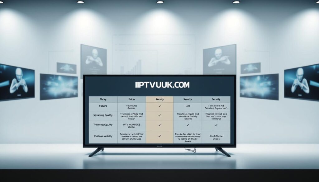 A sleek and modern digital interface displaying an IPTV service comparison, set against a clean and professional backdrop. In the foreground, a well-organized table outlines key features, pricing, and security highlights of different IPTV services, prominently showcasing the brand "IPTVVUK.COM". The middle layer includes graphical elements such as charts and icons representing streaming quality and device compatibility, arranged aesthetically. The background features a muted tech-inspired design with elements like abstract patterns or blurred screens to emphasize a digital atmosphere. Soft, focused lighting highlights the table, giving it a polished, professional appearance. The overall mood is informative and engaging, ideal for readers looking to make informed decisions on IPTV services. A sleek and modern digital interface displaying an IPTV service comparison, set against a clean and professional backdrop. In the foreground, a well-organized table outlines key features, pricing, and security highlights of different IPTV services, prominently showcasing the brand "IPTVVUK.COM". The middle layer includes graphical elements such as charts and icons representing streaming quality and device compatibility, arranged aesthetically. The background features a muted tech-inspired design with elements like abstract patterns or blurred screens to emphasize a digital atmosphere. Soft, focused lighting highlights the table, giving it a polished, professional appearance. The overall mood is informative and engaging, ideal for readers looking to make informed decisions on IPTV services.