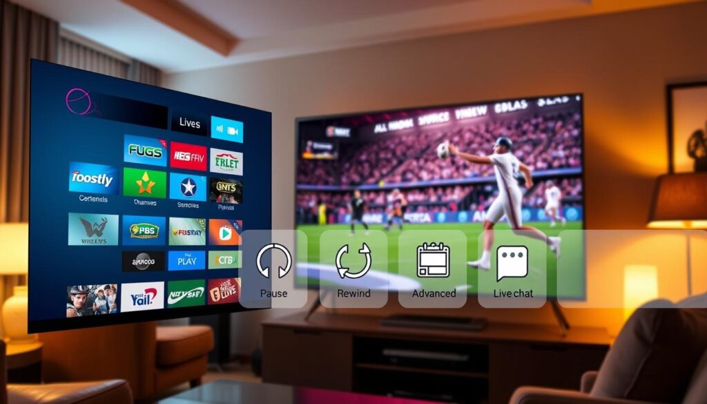 A sleek and modern electronic program guide interface displayed prominently in the foreground, featuring vibrant and colorful thumbnails of various live television and sports channels. In the middle ground, digital icons representing advanced features like pause, rewind, and live chat are stylishly integrated. The background showcases a cozy living room setting, with a high-definition television showcasing a lively sports event. Warm ambient lighting enhances the inviting atmosphere, while the perspective is slightly angled to capture depth and a cinematic feel, making the viewer feel immersed in the experience. The design should reflect the brand "IPTVVUK.COM" with subtle branding elements in the interface. The overall mood is energetic and engaging, inviting viewers to explore the advanced features of the IPTV service. A sleek and modern electronic program guide interface displayed prominently in the foreground, featuring vibrant and colorful thumbnails of various live television and sports channels. In the middle ground, digital icons representing advanced features like pause, rewind, and live chat are stylishly integrated. The background showcases a cozy living room setting, with a high-definition television showcasing a lively sports event. Warm ambient lighting enhances the inviting atmosphere, while the perspective is slightly angled to capture depth and a cinematic feel, making the viewer feel immersed in the experience. The design should reflect the brand "IPTVVUK.COM" with subtle branding elements in the interface. The overall mood is energetic and engaging, inviting viewers to explore the advanced features of the IPTV service.