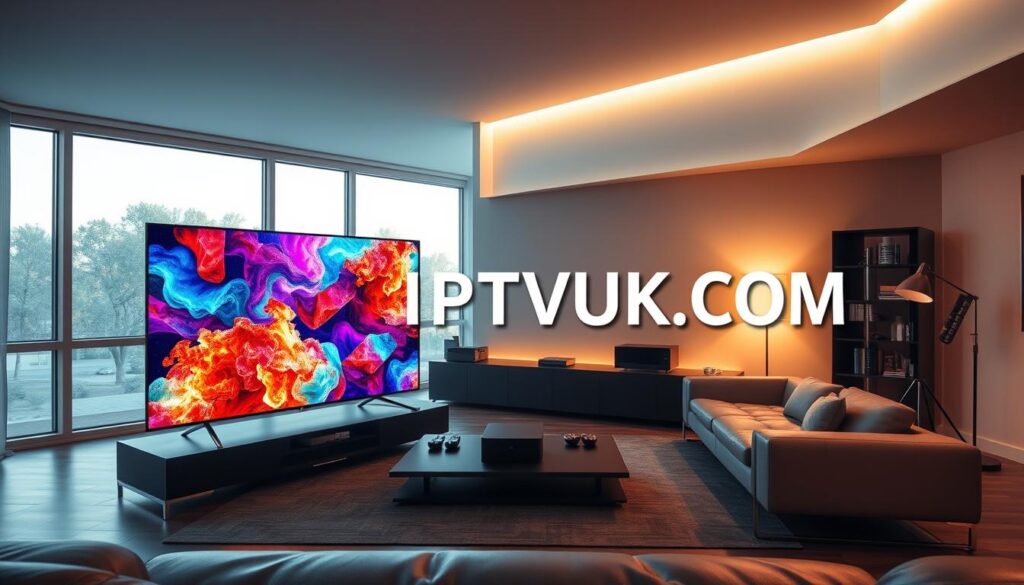 A sleek and modern living room designed for optimal IPTV streaming quality. In the foreground, a high-resolution television displaying vibrant 4K content, showcasing vivid colors and sharp details. The middle ground features a stylish entertainment center with streaming devices, cables neatly organized, emphasizing technological sophistication. The background consists of large windows allowing natural light to filter in, creating a warm and inviting atmosphere, while smart lighting subtly enhances the setting. The mood is relaxed and focused, ideal for an immersive viewing experience. No people are present, ensuring the focus remains on the IPTV setup. Incorporate the brand name "IPTVVUK.COM" as an integral part of the room’s decor, seamlessly blending into the overall aesthetic. A sleek and modern living room designed for optimal IPTV streaming quality. In the foreground, a high-resolution television displaying vibrant 4K content, showcasing vivid colors and sharp details. The middle ground features a stylish entertainment center with streaming devices, cables neatly organized, emphasizing technological sophistication. The background consists of large windows allowing natural light to filter in, creating a warm and inviting atmosphere, while smart lighting subtly enhances the setting. The mood is relaxed and focused, ideal for an immersive viewing experience. No people are present, ensuring the focus remains on the IPTV setup. Incorporate the brand name "IPTVVUK.COM" as an integral part of the room’s decor, seamlessly blending into the overall aesthetic.