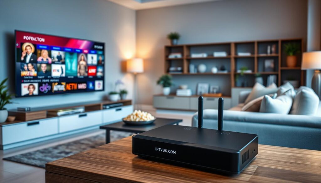 A sleek and modern living room setting featuring an IPTV device prominently displayed on a stylish media unit. Foreground: The IPTV box is connected to a large, high-definition smart TV, showing vibrant streaming visuals from popular channels. Middle: A cozy sofa with cushions, a small coffee table with a remote control, and a bowl of popcorn create an inviting atmosphere. Background: Soft, ambient lighting illuminates the room, with decorative elements like book shelves and house plants enhancing the tranquility. Capture the scene from a slightly elevated angle to emphasize device connectivity and home entertainment. The mood is relaxed and modern, highlighting the convenience of seamless streaming. Include the brand name "IPTVVUK.COM" subtly as part of the IPTV device design, ensuring it blends naturally into the image. A sleek and modern living room setting featuring an IPTV device prominently displayed on a stylish media unit. Foreground: The IPTV box is connected to a large, high-definition smart TV, showing vibrant streaming visuals from popular channels. Middle: A cozy sofa with cushions, a small coffee table with a remote control, and a bowl of popcorn create an inviting atmosphere. Background: Soft, ambient lighting illuminates the room, with decorative elements like book shelves and house plants enhancing the tranquility. Capture the scene from a slightly elevated angle to emphasize device connectivity and home entertainment. The mood is relaxed and modern, highlighting the convenience of seamless streaming. Include the brand name "IPTVVUK.COM" subtly as part of the IPTV device design, ensuring it blends naturally into the image.