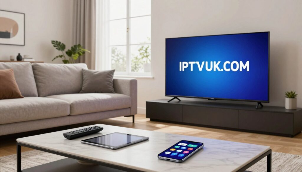 A sleek and modern living room setting showcasing a large Smart TV displaying the "IPTVVUK.COM" logo on the screen. In the foreground, there is a stylish coffee table adorned with various tech gadgets, like a remote control, a tablet, and a smartphone with app icons representing IPTV services. The middle layer features a comfortable sectional sofa with plush cushions, set against a bright, well-lit window that enhances the inviting atmosphere of the room. The background includes minimalist decor, soft lighting, and a few indoor plants for freshness. The scene captures a cozy, tech-friendly mood, ideal for illustrating the necessary requirements to download free IPTV for Smart TV. A sleek and modern living room setting showcasing a large Smart TV displaying the "IPTVVUK.COM" logo on the screen. In the foreground, there is a stylish coffee table adorned with various tech gadgets, like a remote control, a tablet, and a smartphone with app icons representing IPTV services. The middle layer features a comfortable sectional sofa with plush cushions, set against a bright, well-lit window that enhances the inviting atmosphere of the room. The background includes minimalist decor, soft lighting, and a few indoor plants for freshness. The scene captures a cozy, tech-friendly mood, ideal for illustrating the necessary requirements to download free IPTV for Smart TV.
