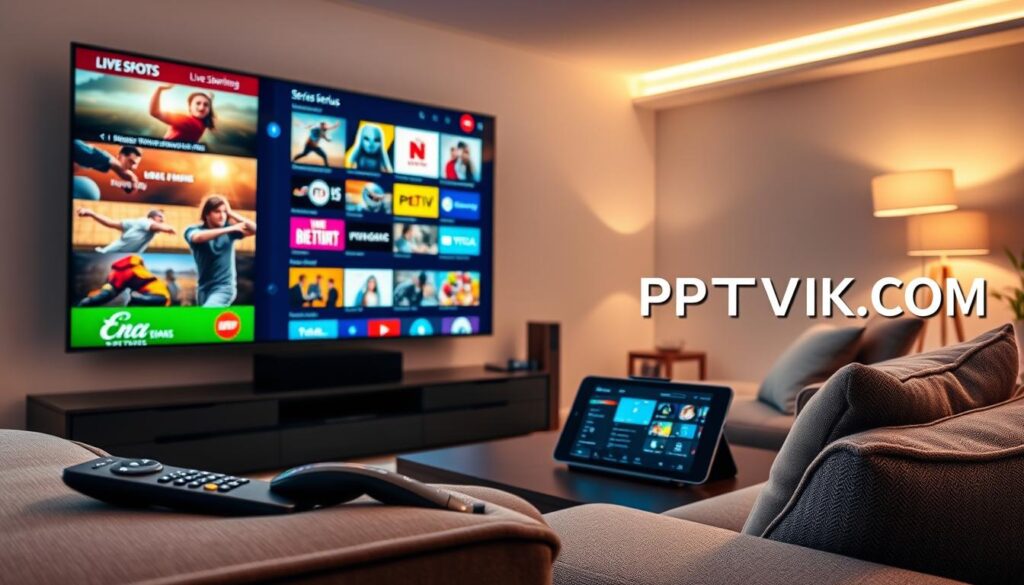 A sleek and modern living room setting showcasing various IPTV features. In the foreground, a large flat-screen TV displays vibrant, colorful streaming options like live sports, movies, and series menus while a stylish remote control rests next to it. In the middle layer, a comfortable sofa with plush cushions invites relaxation, and a coffee table features a tablet showcasing an IPTV app interface. The background features soft ambient lighting from floor lamps, creating a cozy atmosphere. Use a wide-angle lens to capture the full scene, and ensure the lighting is warm and inviting, emphasizing the modern tech integration. In one corner, subtly incorporate the brand name "IPTVVUK.COM" into a sleek design element that blends seamlessly with the overall aesthetic. A sleek and modern living room setting showcasing various IPTV features. In the foreground, a large flat-screen TV displays vibrant, colorful streaming options like live sports, movies, and series menus while a stylish remote control rests next to it. In the middle layer, a comfortable sofa with plush cushions invites relaxation, and a coffee table features a tablet showcasing an IPTV app interface. The background features soft ambient lighting from floor lamps, creating a cozy atmosphere. Use a wide-angle lens to capture the full scene, and ensure the lighting is warm and inviting, emphasizing the modern tech integration. In one corner, subtly incorporate the brand name "IPTVVUK.COM" into a sleek design element that blends seamlessly with the overall aesthetic.