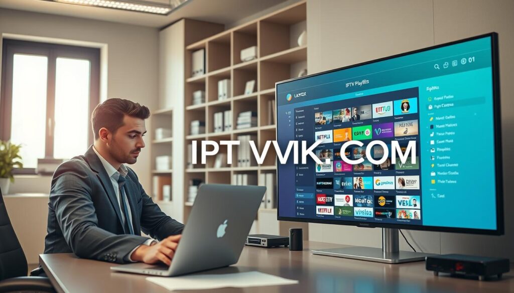 A sleek and modern workspace focusing on IPTV playlist management. In the foreground, a professional individual in business attire is working on a laptop, analyzing IPTV playlists on the screen. The middle ground features a large digital display showcasing a colorful and organized IPTV playlist interface with various channel icons and options. In the background, there are neatly arranged shelves containing tech books and equipment related to streaming technology. Soft, natural lighting filters through a nearby window, creating a bright, focused atmosphere. The scene conveys a sense of expertise and organization, visually representing the concept of managing IPTV playlists effectively. The brand name "IPTVVUK.COM" is subtly integrated into the digital display. A sleek and modern workspace focusing on IPTV playlist management. In the foreground, a professional individual in business attire is working on a laptop, analyzing IPTV playlists on the screen. The middle ground features a large digital display showcasing a colorful and organized IPTV playlist interface with various channel icons and options. In the background, there are neatly arranged shelves containing tech books and equipment related to streaming technology. Soft, natural lighting filters through a nearby window, creating a bright, focused atmosphere. The scene conveys a sense of expertise and organization, visually representing the concept of managing IPTV playlists effectively. The brand name "IPTVVUK.COM" is subtly integrated into the digital display.