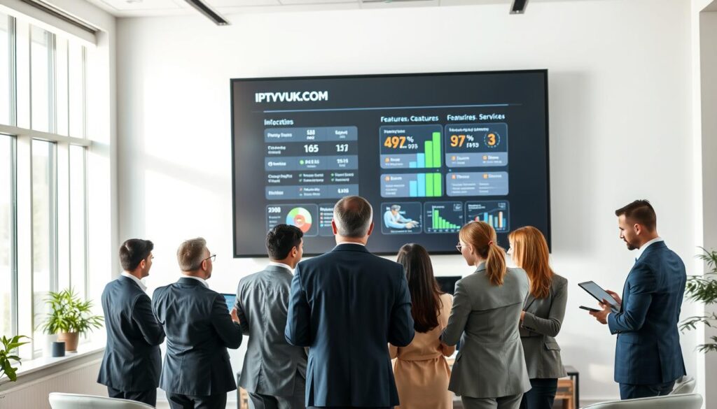 A sleek and modern workspace showcasing a professional comparison of IPTV services, featuring a large digital screen displaying the logo "IPTVVUK.COM". In the foreground, a diverse group of professionals in business attire are engaged in discussion, analyzing data on tablets and laptops, highlighting features and benefits of various IPTV services. In the middle ground, infographics and charts illustrating service comparisons are vividly projected onto a wall. The background features a bright, well-lit office with large windows casting soft natural light, creating an inviting atmosphere. The scene conveys a sense of innovation and collaboration, reflecting a serious yet dynamic approach to choosing the right IPTV service. Use a slightly elevated angle to capture the interaction among the individuals and the digital displays. A sleek and modern workspace showcasing a professional comparison of IPTV services, featuring a large digital screen displaying the logo "IPTVVUK.COM". In the foreground, a diverse group of professionals in business attire are engaged in discussion, analyzing data on tablets and laptops, highlighting features and benefits of various IPTV services. In the middle ground, infographics and charts illustrating service comparisons are vividly projected onto a wall. The background features a bright, well-lit office with large windows casting soft natural light, creating an inviting atmosphere. The scene conveys a sense of innovation and collaboration, reflecting a serious yet dynamic approach to choosing the right IPTV service. Use a slightly elevated angle to capture the interaction among the individuals and the digital displays.