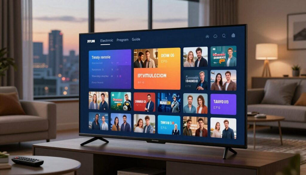 A sleek, modern Electronic Program Guide (EPG) interface displayed on a high-resolution television screen in a cozy living room setting. In the foreground, a user-friendly interface showcasing a grid of program listings with rich colors and clear imagery, emphasizing easy navigation. The middle layer features a stylish living room with contemporary furniture, soft lighting creating a warm atmosphere, and a small coffee table holding a remote control. In the background, a large window reveals a city skyline at dusk, casting a gentle glow. The scene embodies a welcoming, tech-savvy mood, suggesting seamless streaming options. Include the brand name "IPTVVUK.COM" subtly integrated into the screen layout, without distracting from the overall aesthetic. A sleek, modern Electronic Program Guide (EPG) interface displayed on a high-resolution television screen in a cozy living room setting. In the foreground, a user-friendly interface showcasing a grid of program listings with rich colors and clear imagery, emphasizing easy navigation. The middle layer features a stylish living room with contemporary furniture, soft lighting creating a warm atmosphere, and a small coffee table holding a remote control. In the background, a large window reveals a city skyline at dusk, casting a gentle glow. The scene embodies a welcoming, tech-savvy mood, suggesting seamless streaming options. Include the brand name "IPTVVUK.COM" subtly integrated into the screen layout, without distracting from the overall aesthetic.