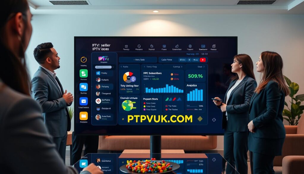 A sleek, modern IPTV reseller panel interface on a luminous digital screen, showcasing vibrant icons and user-friendly navigation tools. In the foreground, a diverse group of professionals in business attire are engaged, discussing the features on the panel with enthusiasm. The middle area features a close-up of the dashboard displaying subscriber statistics, channel lineups, and analytics, with a clear focus on the brand “IPTVVUK.COM.” The background should be a stylish office environment with contemporary furnishings and soft, diffused lighting creating a productive atmosphere. Capture the scene from a slight high-angle view to emphasize collaboration and technology-driven choices while conveying a sense of trust and professionalism. A sleek, modern IPTV reseller panel interface on a luminous digital screen, showcasing vibrant icons and user-friendly navigation tools. In the foreground, a diverse group of professionals in business attire are engaged, discussing the features on the panel with enthusiasm. The middle area features a close-up of the dashboard displaying subscriber statistics, channel lineups, and analytics, with a clear focus on the brand “IPTVVUK.COM.” The background should be a stylish office environment with contemporary furnishings and soft, diffused lighting creating a productive atmosphere. Capture the scene from a slight high-angle view to emphasize collaboration and technology-driven choices while conveying a sense of trust and professionalism.