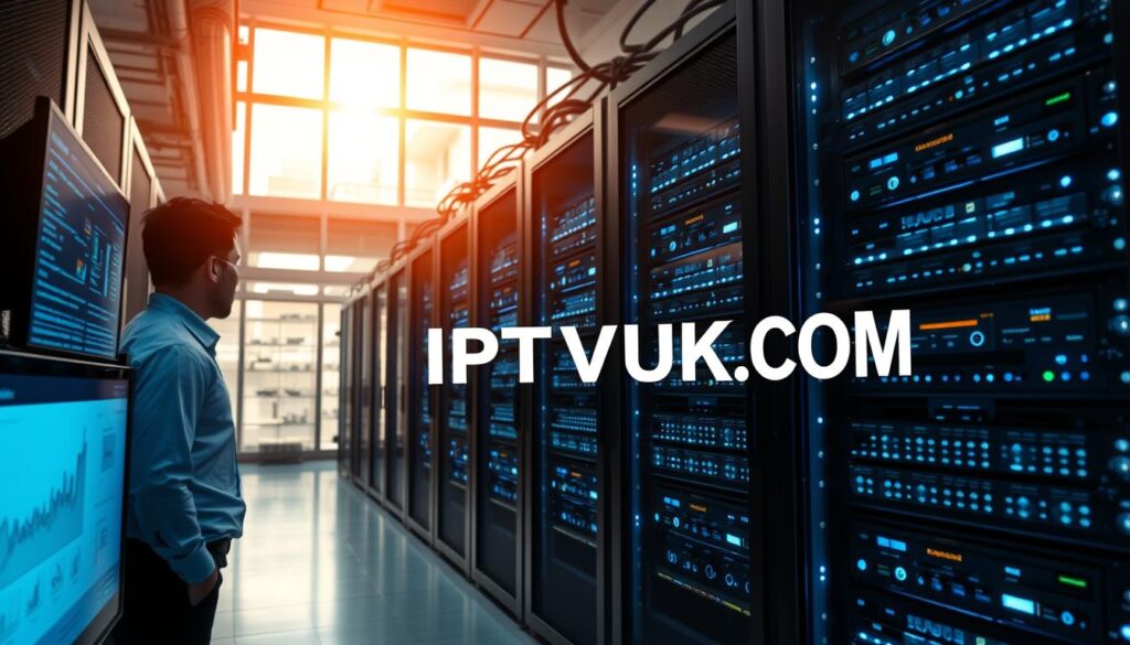 A sleek, modern IPTV server room filled with high-tech equipment and server racks, symbolizing scaling capabilities. In the foreground, a technician in professional attire is monitoring a large screen displaying real-time analytics and viewer statistics, highlighting growing audience engagement. The middle ground shows multiple server racks, with LED lights softly illuminated in cool blue tones, emphasizing efficiency and technology. In the background, a wall of windows allows natural light to pour in, creating a bright and optimistic atmosphere. The scene is captured from a low angle, adding depth and showcasing the scale of the servers. The overall mood reflects professionalism, innovation, and reliability, featuring the brand name "IPTVVUK.COM" subtly integrated into the server design. A sleek, modern IPTV server room filled with high-tech equipment and server racks, symbolizing scaling capabilities. In the foreground, a technician in professional attire is monitoring a large screen displaying real-time analytics and viewer statistics, highlighting growing audience engagement. The middle ground shows multiple server racks, with LED lights softly illuminated in cool blue tones, emphasizing efficiency and technology. In the background, a wall of windows allows natural light to pour in, creating a bright and optimistic atmosphere. The scene is captured from a low angle, adding depth and showcasing the scale of the servers. The overall mood reflects professionalism, innovation, and reliability, featuring the brand name "IPTVVUK.COM" subtly integrated into the server design.