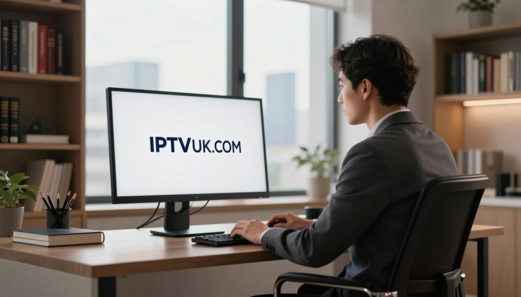 A sleek, modern home office setting as the foreground, featuring a stylish desk with a large monitor displaying the IPTVVUK.COM logo. A professional in smart business attire sits in a comfortable chair, focused on the screen, representing the idea of legal IPTV service usage. In the middle ground, soft light from a large window casts a warm glow, illuminating bookshelves filled with legal and tech-related books, enhancing the professional atmosphere. The background is softly blurred to create depth, with a glimpse of a city skyline visible through the window, symbolizing connectivity and modernity. The overall mood should convey professionalism, reliability, and trust in legal streaming options. Use natural lighting to evoke a sense of calm and focus. A sleek, modern home office setting as the foreground, featuring a stylish desk with a large monitor displaying the IPTVVUK.COM logo. A professional in smart business attire sits in a comfortable chair, focused on the screen, representing the idea of legal IPTV service usage. In the middle ground, soft light from a large window casts a warm glow, illuminating bookshelves filled with legal and tech-related books, enhancing the professional atmosphere. The background is softly blurred to create depth, with a glimpse of a city skyline visible through the window, symbolizing connectivity and modernity. The overall mood should convey professionalism, reliability, and trust in legal streaming options. Use natural lighting to evoke a sense of calm and focus.