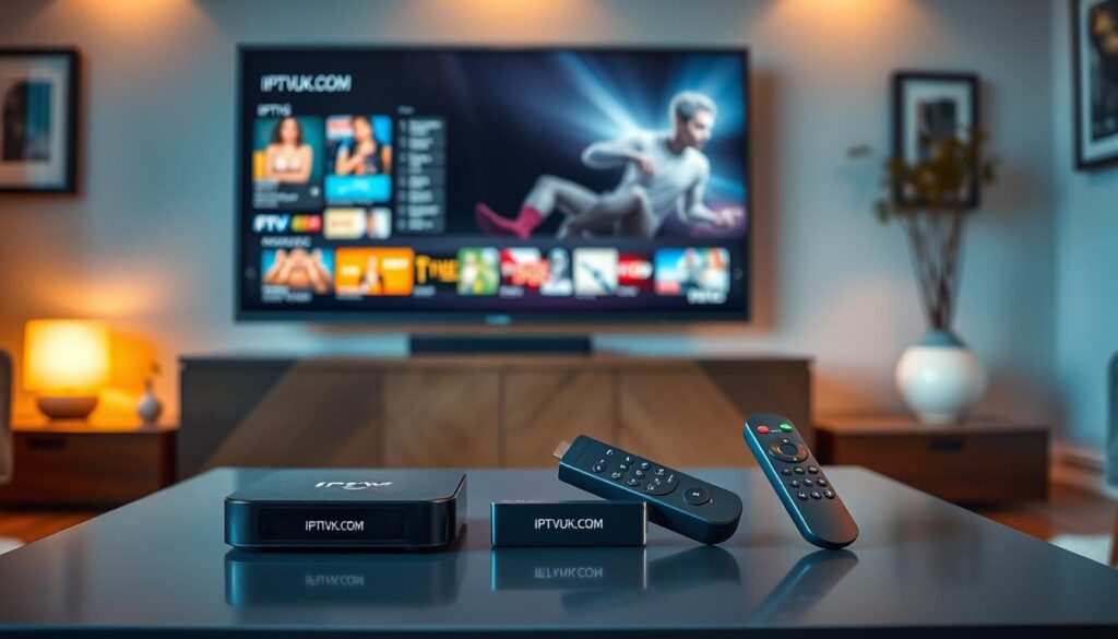 A sleek modern living room featuring various IPTV devices elegantly arranged on a stylish console table. In the foreground, a high-resolution television displays vibrant streaming content. The middle ground showcases a small set-top box, a streaming stick, and a remote control, all prominently branded with “IPTVVUK.COM”. The background is softly illuminated with warm ambient lighting, creating a cozy atmosphere, and framed with contemporary decor. The image is shot from a slight angle to emphasize the devices while maintaining a focus on the television screen. The mood is inviting and tech-savvy, perfect for highlighting the benefits of switching from cable to IPTV services. A sleek modern living room featuring various IPTV devices elegantly arranged on a stylish console table. In the foreground, a high-resolution television displays vibrant streaming content. The middle ground showcases a small set-top box, a streaming stick, and a remote control, all prominently branded with “IPTVVUK.COM”. The background is softly illuminated with warm ambient lighting, creating a cozy atmosphere, and framed with contemporary decor. The image is shot from a slight angle to emphasize the devices while maintaining a focus on the television screen. The mood is inviting and tech-savvy, perfect for highlighting the benefits of switching from cable to IPTV services.