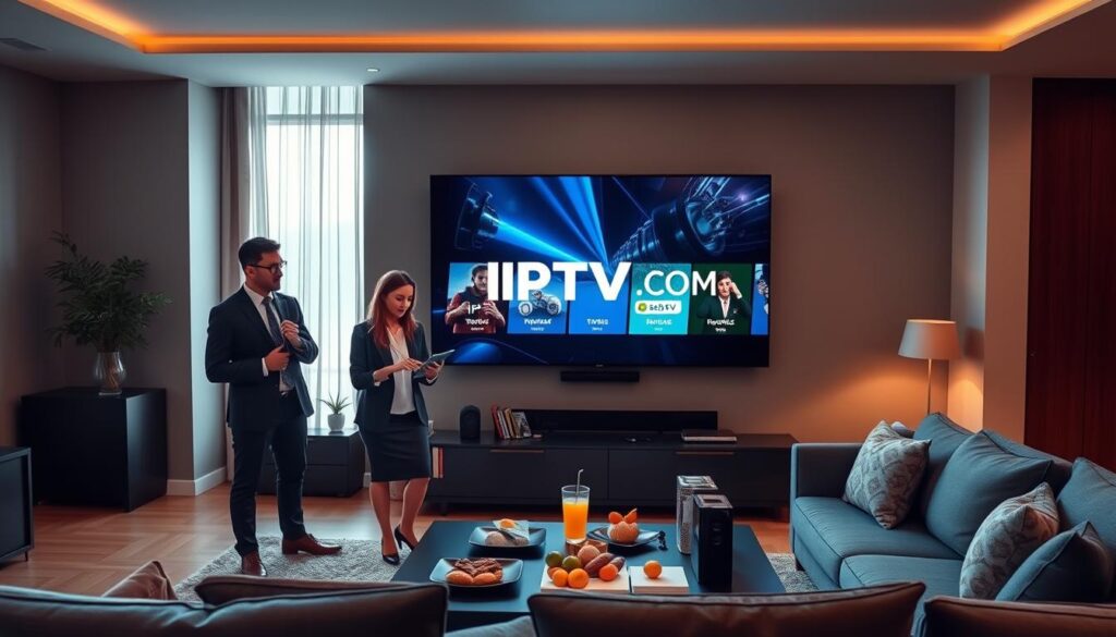 A sleek, modern living room scene featuring a large flat-screen TV displaying high-definition IPTV content, with a focus on streaming quality optimization. In the foreground, a diverse group of three individuals in professional business attire are engaged in thoughtful discussion, analyzing their IPTV setup on a tablet. The middle ground showcases a cozy sofa and a stylish coffee table adorned with snacks and drinks, adding a casual yet refined atmosphere. In the background, a large window allows soft, natural light to fill the room, creating a warm and inviting ambiance. The color palette is rich in blues and blacks, conveying a tech-savvy vibe. Emphasize the brand "IPTVVUK.COM" subtly integrated into the TV screen, with no text or logos elsewhere. The scene should evoke a sense of comfort, excitement, and engagement with streaming technology. A sleek, modern living room scene featuring a large flat-screen TV displaying high-definition IPTV content, with a focus on streaming quality optimization. In the foreground, a diverse group of three individuals in professional business attire are engaged in thoughtful discussion, analyzing their IPTV setup on a tablet. The middle ground showcases a cozy sofa and a stylish coffee table adorned with snacks and drinks, adding a casual yet refined atmosphere. In the background, a large window allows soft, natural light to fill the room, creating a warm and inviting ambiance. The color palette is rich in blues and blacks, conveying a tech-savvy vibe. Emphasize the brand "IPTVVUK.COM" subtly integrated into the TV screen, with no text or logos elsewhere. The scene should evoke a sense of comfort, excitement, and engagement with streaming technology.
