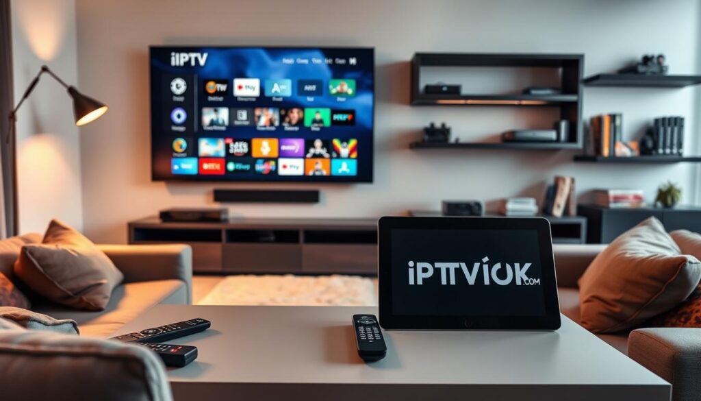 A sleek, modern living room setting featuring a large flat-screen TV displaying an IPTV interface with vibrant channels and categories. In the foreground, a stylish coffee table holds remote controls and a tablet showcasing the IPTVVUK.COM logo prominently. The middle layer includes comfortable seating arranged for group viewing, adorned with plush cushions. Soft, warm lighting from a stylish lamp casts a cozy ambiance, enhancing the viewing experience. In the background, a wall-mounted shelf displays streaming devices and books about technology. The atmosphere is inviting and relaxed, ideal for family movie nights or binge-watching shows. Capture this scene from a slight angle to create depth, portraying both comfort and modern technology harmoniously. A sleek, modern living room setting featuring a large flat-screen TV displaying an IPTV interface with vibrant channels and categories. In the foreground, a stylish coffee table holds remote controls and a tablet showcasing the IPTVVUK.COM logo prominently. The middle layer includes comfortable seating arranged for group viewing, adorned with plush cushions. Soft, warm lighting from a stylish lamp casts a cozy ambiance, enhancing the viewing experience. In the background, a wall-mounted shelf displays streaming devices and books about technology. The atmosphere is inviting and relaxed, ideal for family movie nights or binge-watching shows. Capture this scene from a slight angle to create depth, portraying both comfort and modern technology harmoniously.