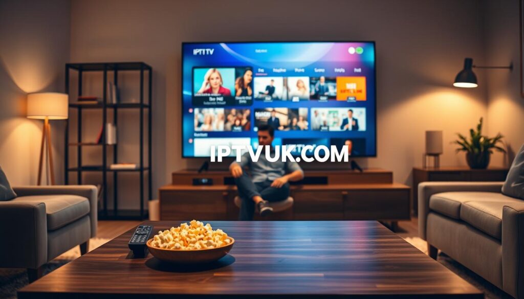A sleek, modern living room setting, showcasing a large flat-screen TV displaying vibrant IPTV VOD content. In the foreground, a stylish coffee table holds a remote control and a bowl of popcorn, exuding a cozy, inviting atmosphere. The middle of the scene features a well-dressed individual, casually relaxed on a plush sofa, attentively watching the screen. Warm, ambient lighting enhances the inviting mood, with soft shadows playing across the decor. In the background, a minimalist bookshelf and decorative plants add a touch of sophistication. Emphasize the clarity and resolution of the streaming content visible on the TV screen, subtly featuring the brand logo "IPTVVUK.COM" within the scene. Capture the essence of quality entertainment and seamless viewing experiences. A sleek, modern living room setting, showcasing a large flat-screen TV displaying vibrant IPTV VOD content. In the foreground, a stylish coffee table holds a remote control and a bowl of popcorn, exuding a cozy, inviting atmosphere. The middle of the scene features a well-dressed individual, casually relaxed on a plush sofa, attentively watching the screen. Warm, ambient lighting enhances the inviting mood, with soft shadows playing across the decor. In the background, a minimalist bookshelf and decorative plants add a touch of sophistication. Emphasize the clarity and resolution of the streaming content visible on the TV screen, subtly featuring the brand logo "IPTVVUK.COM" within the scene. Capture the essence of quality entertainment and seamless viewing experiences.