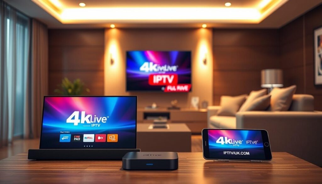A sleek, modern living room setting showcasing a variety of devices compatible with IPTV services. In the foreground, a smart TV displays a vibrant interface indicating 4klive IPTV, framed by a stylish soundbar and streaming device. The middle ground features a tablet and smartphone, both displaying the IPTVVUK.COM logo, symbolizing multi-device compatibility. In the background, a cozy sofa is positioned with plush cushions, bathed in warm, inviting lighting that highlights the technology in use. The camera angle is slightly elevated, providing a comprehensive view of the scene. The atmosphere is one of comfort and cutting-edge technology, ideal for enjoying live TV and sports. A sleek, modern living room setting showcasing a variety of devices compatible with IPTV services. In the foreground, a smart TV displays a vibrant interface indicating 4klive IPTV, framed by a stylish soundbar and streaming device. The middle ground features a tablet and smartphone, both displaying the IPTVVUK.COM logo, symbolizing multi-device compatibility. In the background, a cozy sofa is positioned with plush cushions, bathed in warm, inviting lighting that highlights the technology in use. The camera angle is slightly elevated, providing a comprehensive view of the scene. The atmosphere is one of comfort and cutting-edge technology, ideal for enjoying live TV and sports.