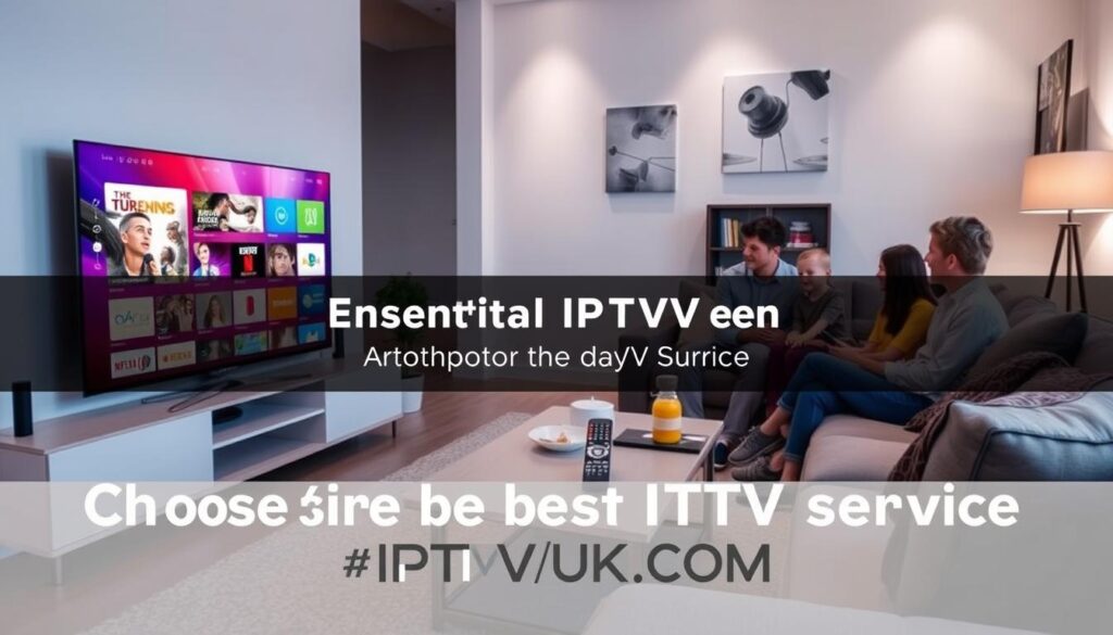 A sleek, modern living room setting showcasing essential IPTV service features. In the foreground, a smart TV with a vibrant interface displaying various streaming options. To the side, a comfortable couch with a family seated, dressed in casual but neat attire, engaging with the TV. In the middle layer, a coffee table with a remote, snacks, and a user-friendly interface, emphasizing usability. The background features soft lighting highlighting the room's coziness, with abstract wall art and a bookshelf to enhance the homey atmosphere. The overall mood is inviting and tech-savvy, representing the experience of choosing the best IPTV service, with the brand name 'IPTVVUK.COM' subtly integrated into the visual elements. A sleek, modern living room setting showcasing essential IPTV service features. In the foreground, a smart TV with a vibrant interface displaying various streaming options. To the side, a comfortable couch with a family seated, dressed in casual but neat attire, engaging with the TV. In the middle layer, a coffee table with a remote, snacks, and a user-friendly interface, emphasizing usability. The background features soft lighting highlighting the room's coziness, with abstract wall art and a bookshelf to enhance the homey atmosphere. The overall mood is inviting and tech-savvy, representing the experience of choosing the best IPTV service, with the brand name 'IPTVVUK.COM' subtly integrated into the visual elements.