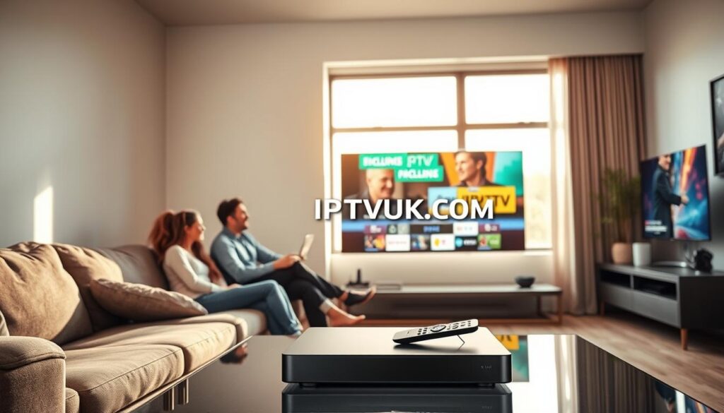 A sleek, modern living room setting showcasing the benefits of IPTV over traditional cable. In the foreground, a family of four, dressed in professional casual attire, sits comfortably on a stylish sofa, engaged in a lively discussion while watching a large flat-screen TV displaying vibrant streaming content. In the middle ground, a stylish IPTV device and remote control are prominently placed on a sleek coffee table. The background features a bright window with natural sunlight pouring in, highlighting the modern decor and creating a warm, inviting atmosphere. The lighting is soft and inviting, enhancing the cheerful mood of the scene. The logo "IPTVVUK.COM" subtly appears on the TV screen in a clean and unobtrusive manner. A sleek, modern living room setting showcasing the benefits of IPTV over traditional cable. In the foreground, a family of four, dressed in professional casual attire, sits comfortably on a stylish sofa, engaged in a lively discussion while watching a large flat-screen TV displaying vibrant streaming content. In the middle ground, a stylish IPTV device and remote control are prominently placed on a sleek coffee table. The background features a bright window with natural sunlight pouring in, highlighting the modern decor and creating a warm, inviting atmosphere. The lighting is soft and inviting, enhancing the cheerful mood of the scene. The logo "IPTVVUK.COM" subtly appears on the TV screen in a clean and unobtrusive manner.