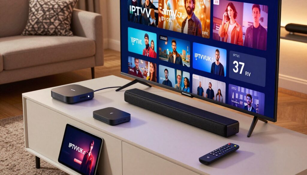 A sleek, modern living room setting showcasing various IPTV compatible devices prominently arranged on a stylish media console. In the foreground, a smart TV glows with vibrant content on-screen, next to a compact streaming box and a tablet displaying IPTVVUK.COM. In the middle, a modern soundbar complements the smart TV while a remote control lies casually nearby. The background features a cozy couch with decorative pillows, soft ambient lighting creating a warm and inviting atmosphere. The angle of the shot is slightly above eye-level, providing a clear view of all devices. The overall mood is contemporary and tech-savvy, emphasizing a seamless IPTV experience for viewers. A sleek, modern living room setting showcasing various IPTV compatible devices prominently arranged on a stylish media console. In the foreground, a smart TV glows with vibrant content on-screen, next to a compact streaming box and a tablet displaying IPTVVUK.COM. In the middle, a modern soundbar complements the smart TV while a remote control lies casually nearby. The background features a cozy couch with decorative pillows, soft ambient lighting creating a warm and inviting atmosphere. The angle of the shot is slightly above eye-level, providing a clear view of all devices. The overall mood is contemporary and tech-savvy, emphasizing a seamless IPTV experience for viewers.