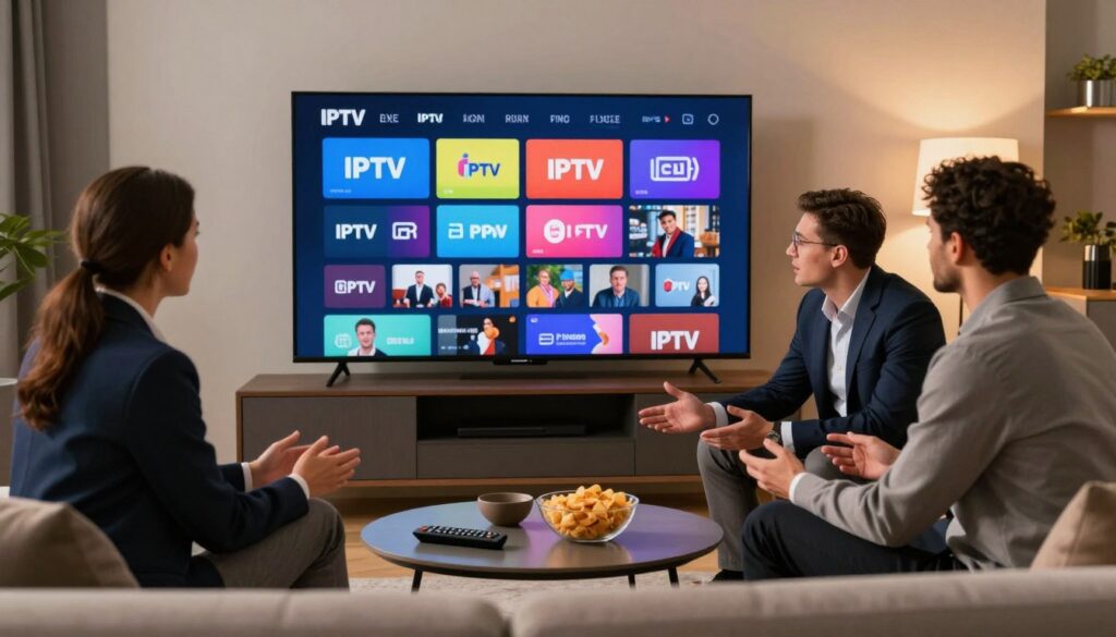 A sleek, modern living room setting, with a large flat-screen TV displaying an array of colorful IPTV channel icons and menus. In the foreground, a diverse group of three professionals (two men and one woman) seated comfortably on a stylish sofa, dressed in smart business attire, actively discussing the IPTV features visible on the screen. The middle of the image features a cozy coffee table with a remote control and snack bowls, adding a personal touch. In the background, softly lit ambient lighting creates a warm and inviting atmosphere. The overall mood is engaged and informative, showcasing the appeal of IPTV services. Include the brand name "IPTVVUK.COM" subtly in the corner, ensuring it blends seamlessly with the overall composition. A sleek, modern living room setting, with a large flat-screen TV displaying an array of colorful IPTV channel icons and menus. In the foreground, a diverse group of three professionals (two men and one woman) seated comfortably on a stylish sofa, dressed in smart business attire, actively discussing the IPTV features visible on the screen. The middle of the image features a cozy coffee table with a remote control and snack bowls, adding a personal touch. In the background, softly lit ambient lighting creates a warm and inviting atmosphere. The overall mood is engaged and informative, showcasing the appeal of IPTV services. Include the brand name "IPTVVUK.COM" subtly in the corner, ensuring it blends seamlessly with the overall composition.