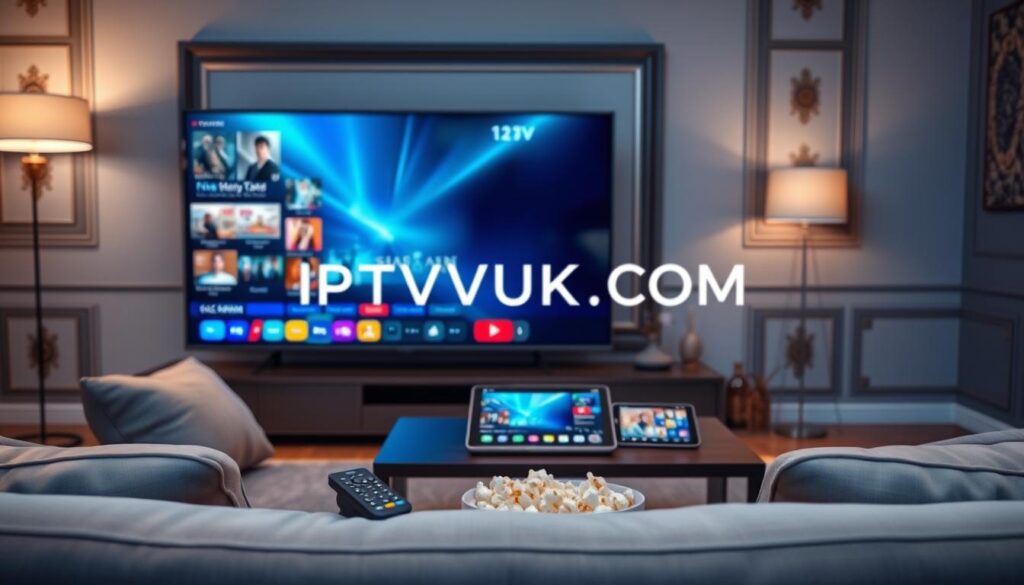 A sleek, modern living room setup featuring a large flat-screen TV displaying high-quality IPTV content, showcasing vibrant colors and sharp details. In the foreground, a cozy sofa with two remote controls casually placed on it. The middle ground includes a stylish coffee table with popcorn and a tablet streaming IPTV, set against a backdrop of elegant wall decor. Soft, ambient lighting from a nearby floor lamp creates a warm, inviting atmosphere. The scene is viewed from a slight angle to enhance depth, capturing both the enjoyment of streaming movies and the technical sophistication of IPTV technology. The image should also subtly incorporate the brand name "IPTVVUK.COM" in an unobtrusive manner as part of the TV screen display, without any additional text or overlays. A sleek, modern living room setup featuring a large flat-screen TV displaying high-quality IPTV content, showcasing vibrant colors and sharp details. In the foreground, a cozy sofa with two remote controls casually placed on it. The middle ground includes a stylish coffee table with popcorn and a tablet streaming IPTV, set against a backdrop of elegant wall decor. Soft, ambient lighting from a nearby floor lamp creates a warm, inviting atmosphere. The scene is viewed from a slight angle to enhance depth, capturing both the enjoyment of streaming movies and the technical sophistication of IPTV technology. The image should also subtly incorporate the brand name "IPTVVUK.COM" in an unobtrusive manner as part of the TV screen display, without any additional text or overlays.